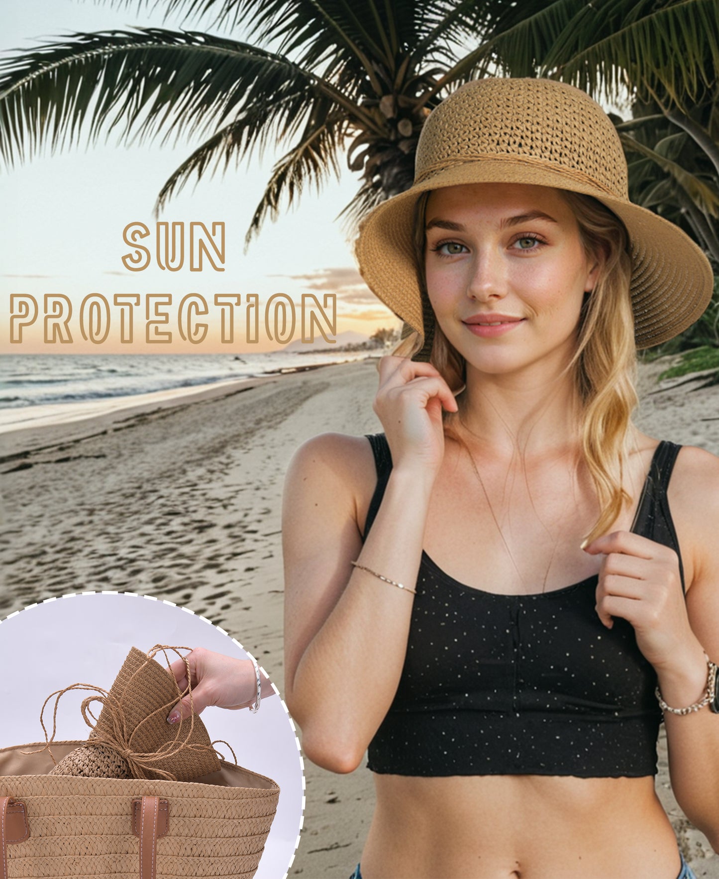Beach Hats For Women Packable Crochet Hat Summer Straw Sun Hat For Travel