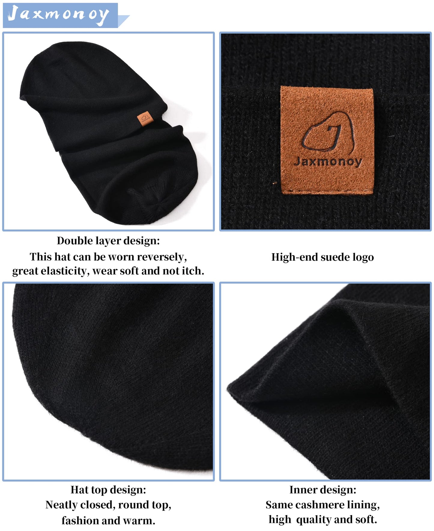 jaxmonoy Wool Cashmere Slouchy Knit Beanies Winter Hats for Women Soft Warm Double Layer Reversible Slouch Skull Beanie Cap
