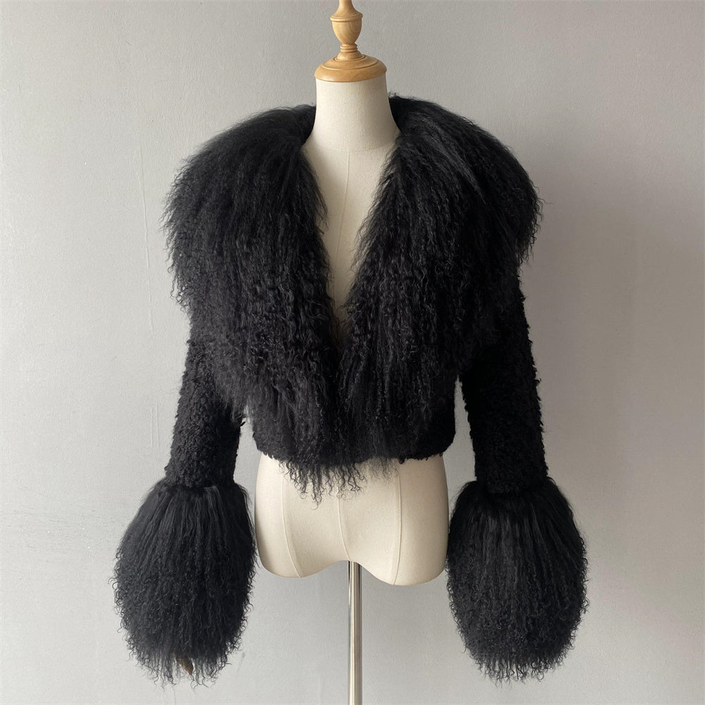 Thick Warm Long Sleeves Sheep Fur Short Style Autumn Big Luxury Lamb Fur Collar