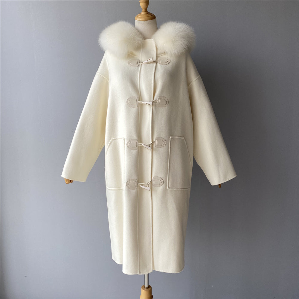 Jaxmonoy Women Cashmere Long Winter Coat Big Real Fur Jacket Horn Button Overcoat