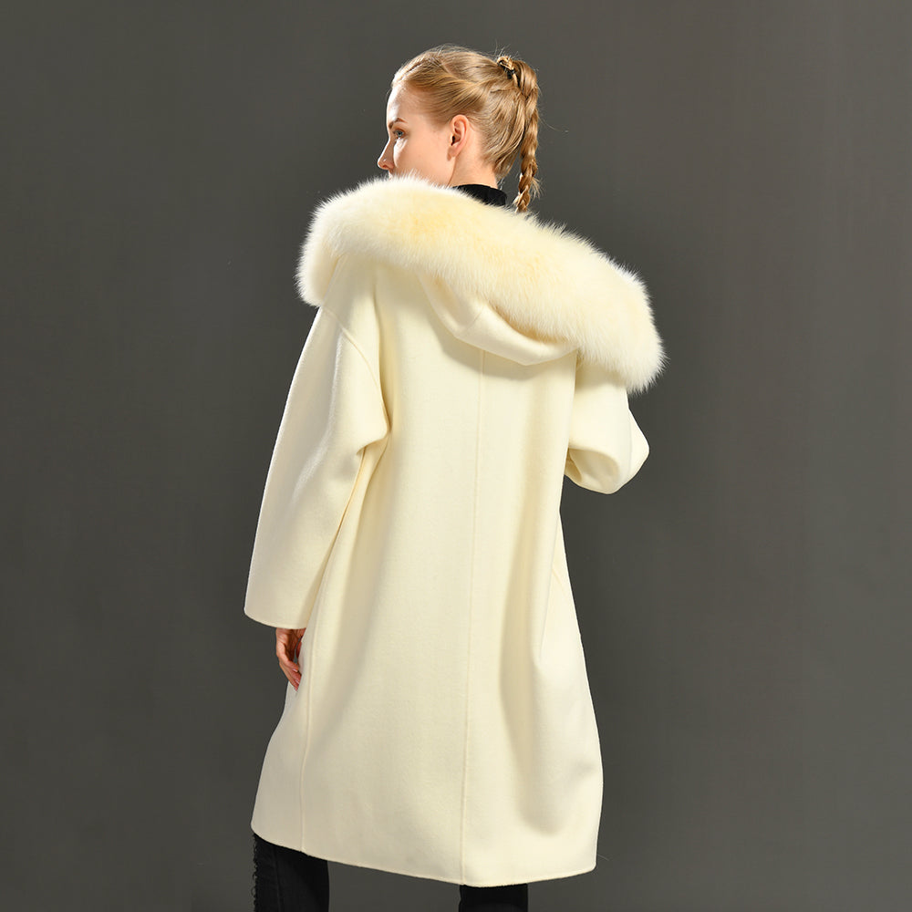 Jaxmonoy Women Cashmere Long Winter Coat Big Real Fur Jacket Horn Button Overcoat