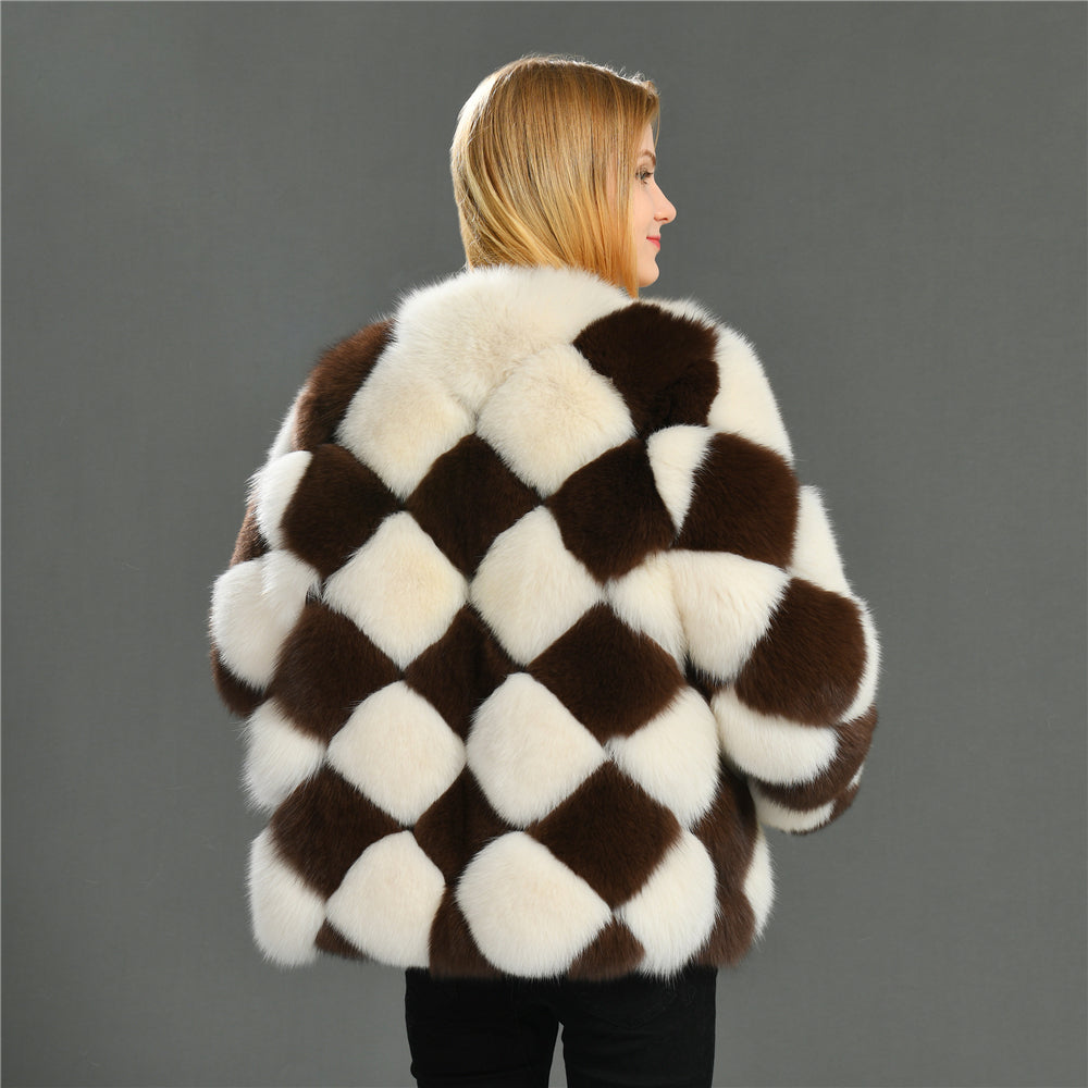 Jaxmonoy Female Two-color Stitching Minimalistic Ladies Real Fox Fur Coat