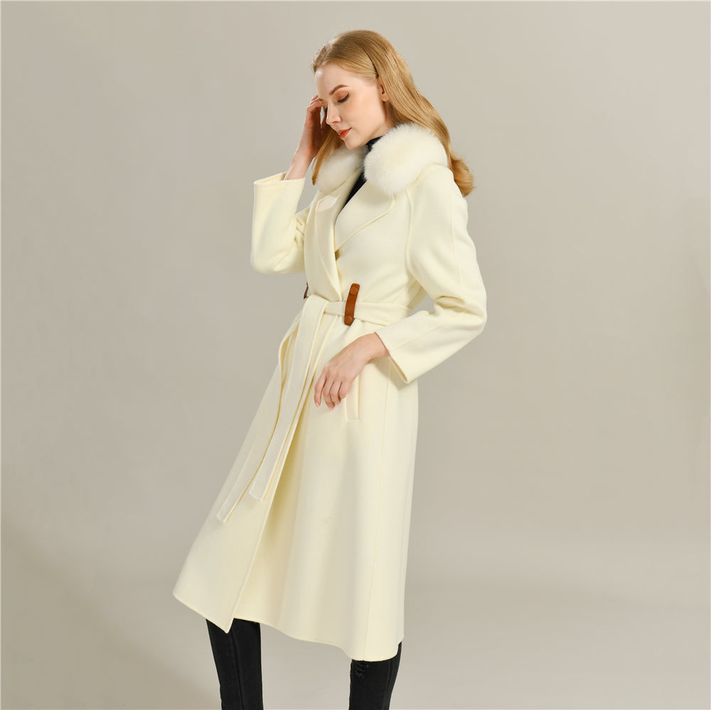 Jaxmonoy Long Style Cashmere Coat With Turn-down Real Fur Collar
