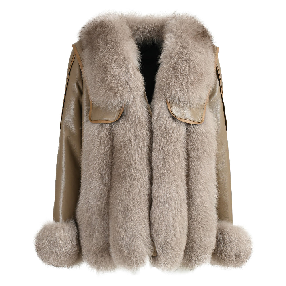 Genuine Leather Jacket With Real Fox Fur V-neck Collar Spring