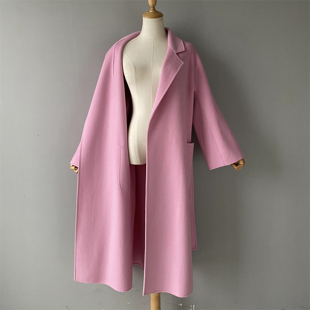 Solid Color Cashmere Coat With Big Side Pocket And Removable Belt