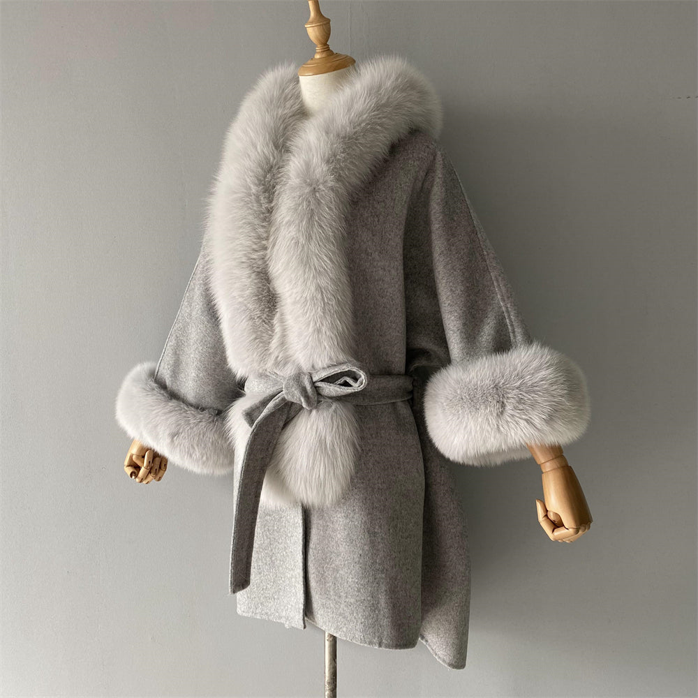 Wholesale Winter Double-sided Hooded Cashmere Coat With Real Fox Fur Collar And Belt Design Fashion Women Real Fox Fur Coat Wool