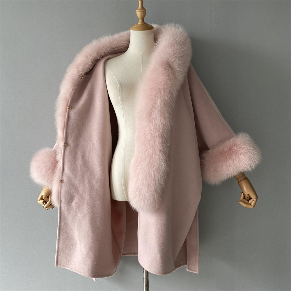 Wholesale Winter Double-sided Hooded Cashmere Coat With Real Fox Fur Collar And Belt Design Fashion Women Real Fox Fur Coat Wool
