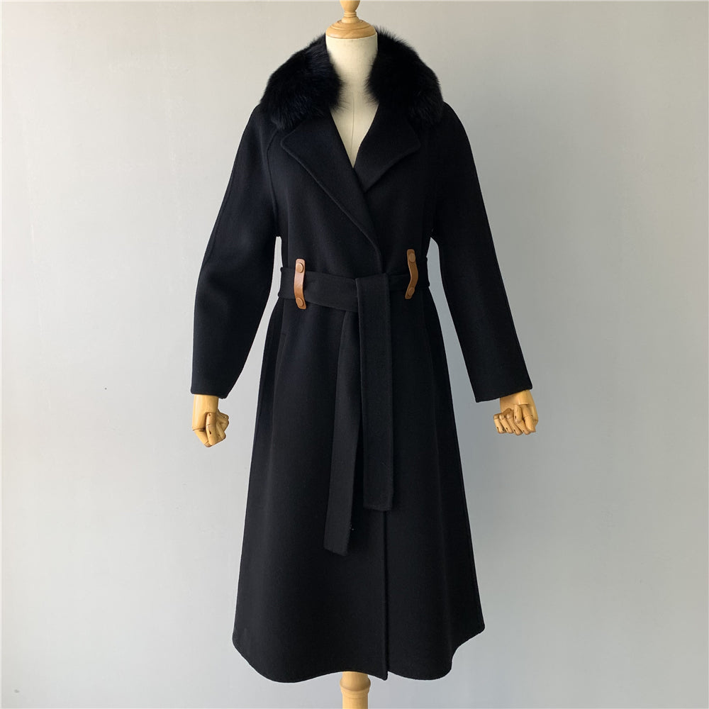 Jaxmonoy Long Style Cashmere Coat With Turn-down Real Fur Collar