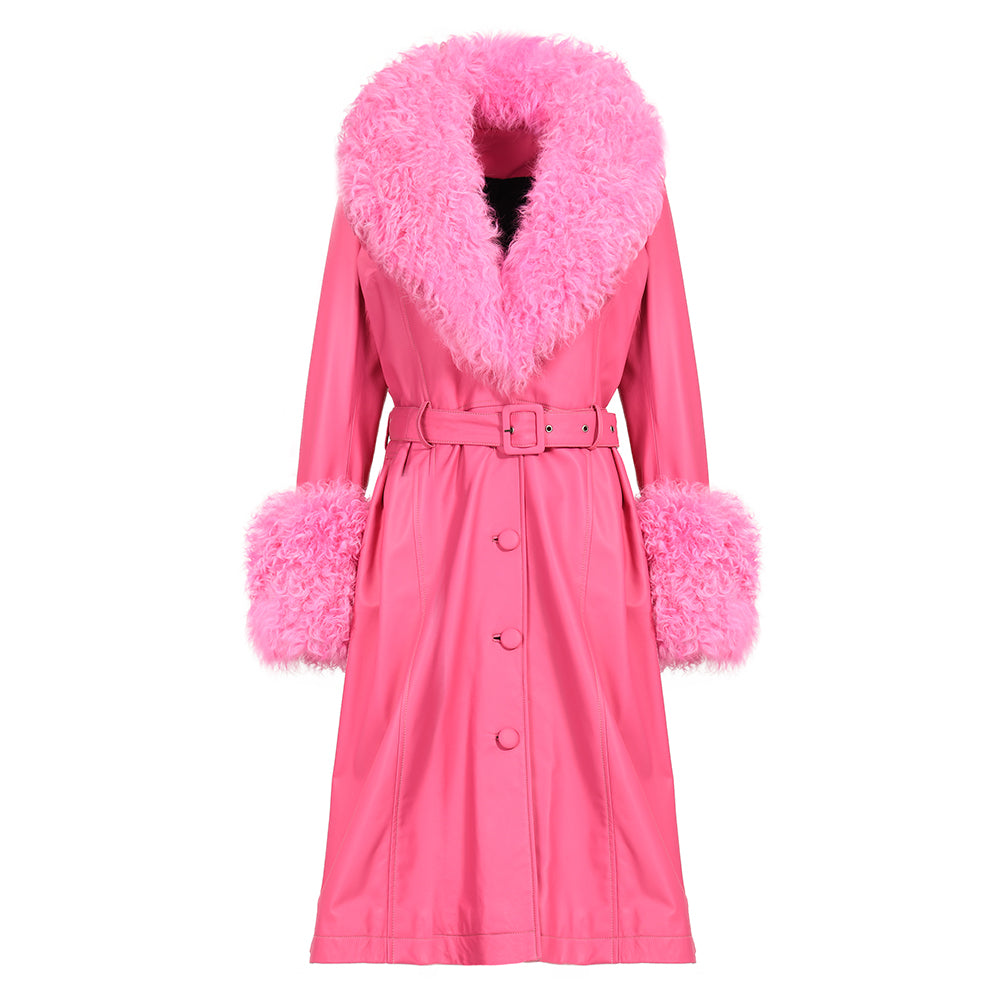 Custom Color Belt Design Genuine Leather Trench Coat With Sheep Fur