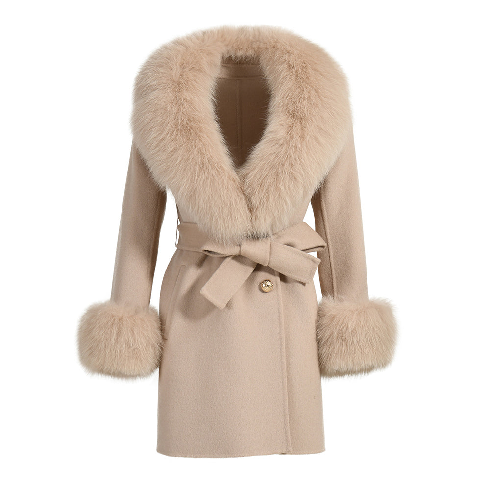 Regular Length Wool Coat With Luxury Fox Fur Collar And Cuffs Women Double-sided Cashmere Coats With Fur New