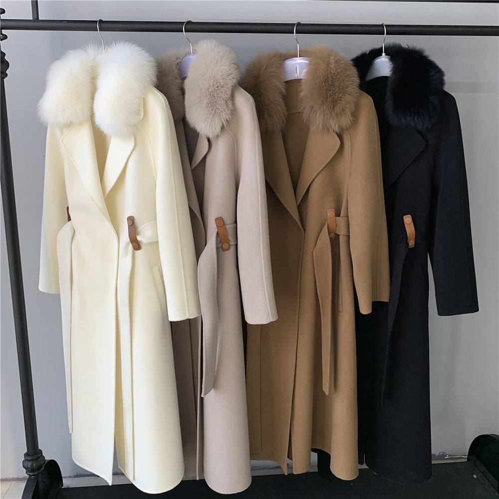 Jaxmonoy Long Style Cashmere Coat With Turn-down Real Fur Collar