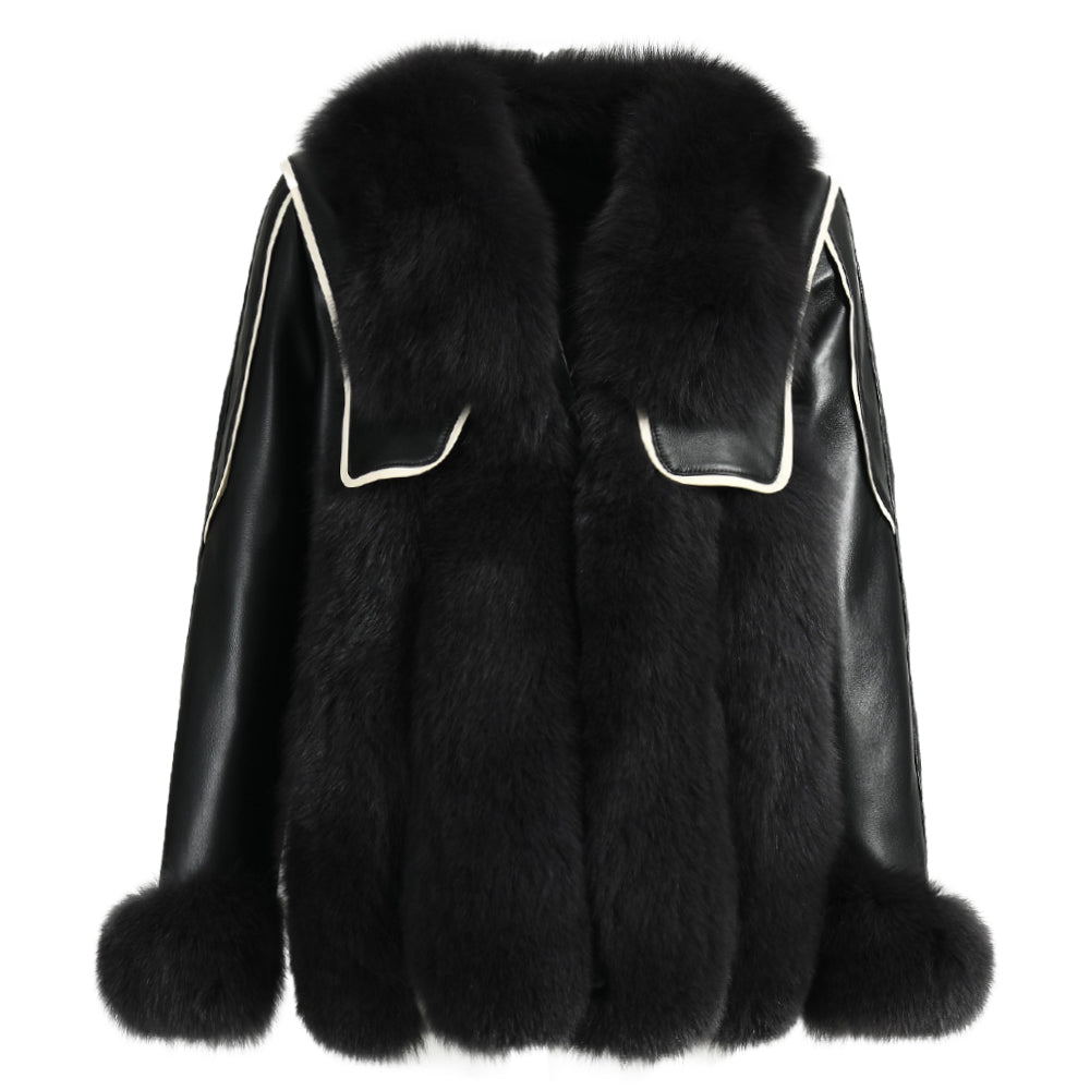 Genuine Leather Jacket With Real Fox Fur V-neck Collar Spring