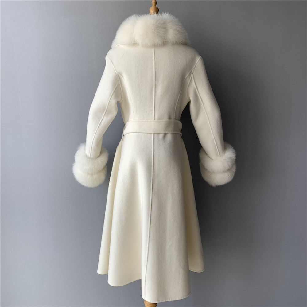 Jaxmonoy Long Cashmere Coat Big Size Real Fur Collar And Cuffs With Big Skirt