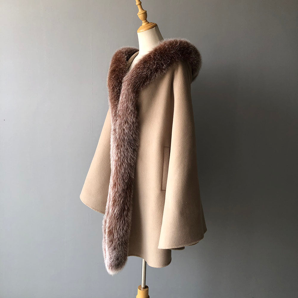 Jaxmonoy Luxurious Women Cashmere Cloak With Real Fox Fur Collar
