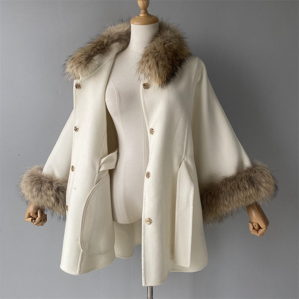 Cashmere Wool Coat With Real Raccoon Fur Collar And Cuffs Women