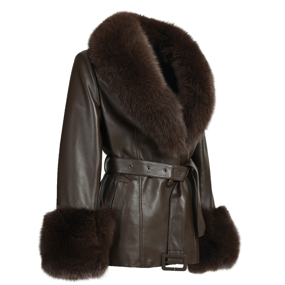 Regular Length Genuine Sheepskin Leather Coat With Real Fox Fur Collar And Cuffs Winter Women Leather Jacket Genuine