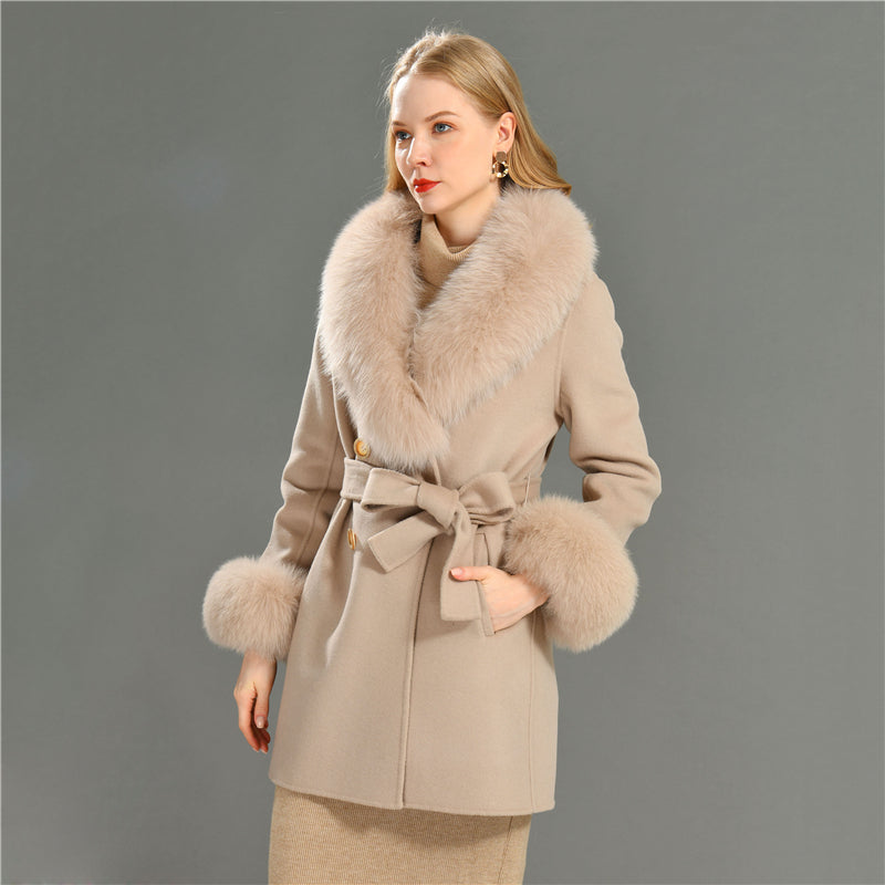 Jaxmonoy Elegant Women Regular Style Cashmere Coat With Real Fox Fur Collar And Cuffs