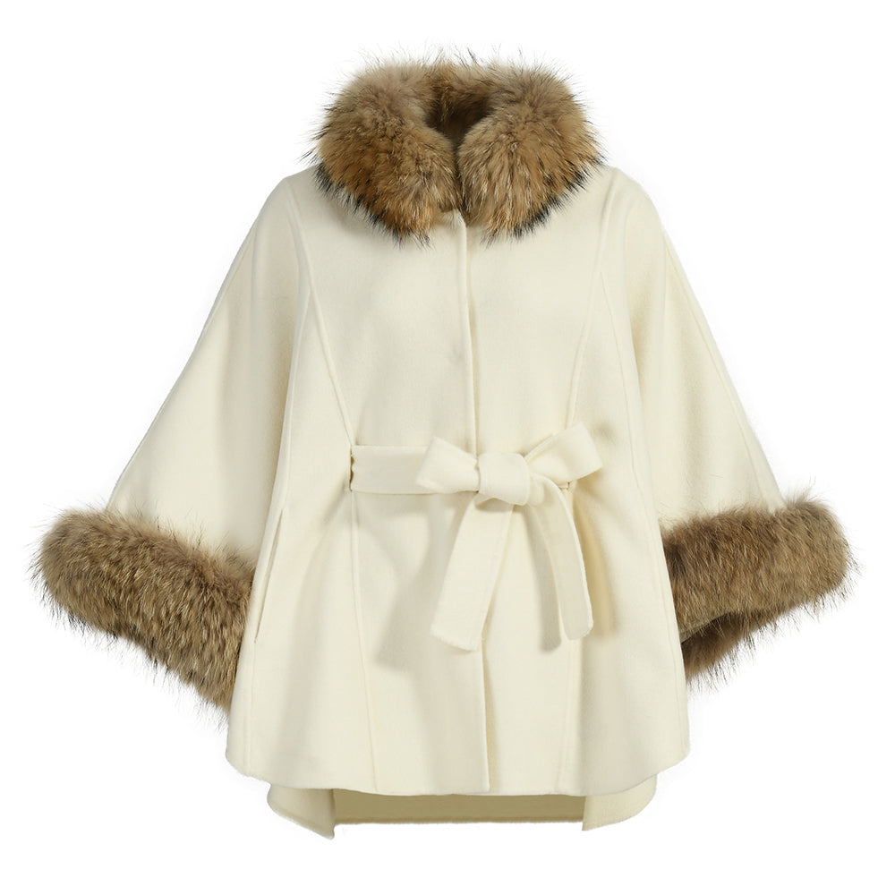 Cashmere Wool Coat With Real Raccoon Fur Collar And Cuffs Women