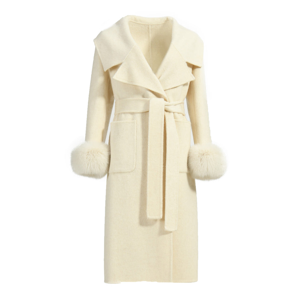 New Style Double-sided Cashmere Coat With Removable Fur Cuffs Custom Fashion Women Long Wool Cashmere Coat