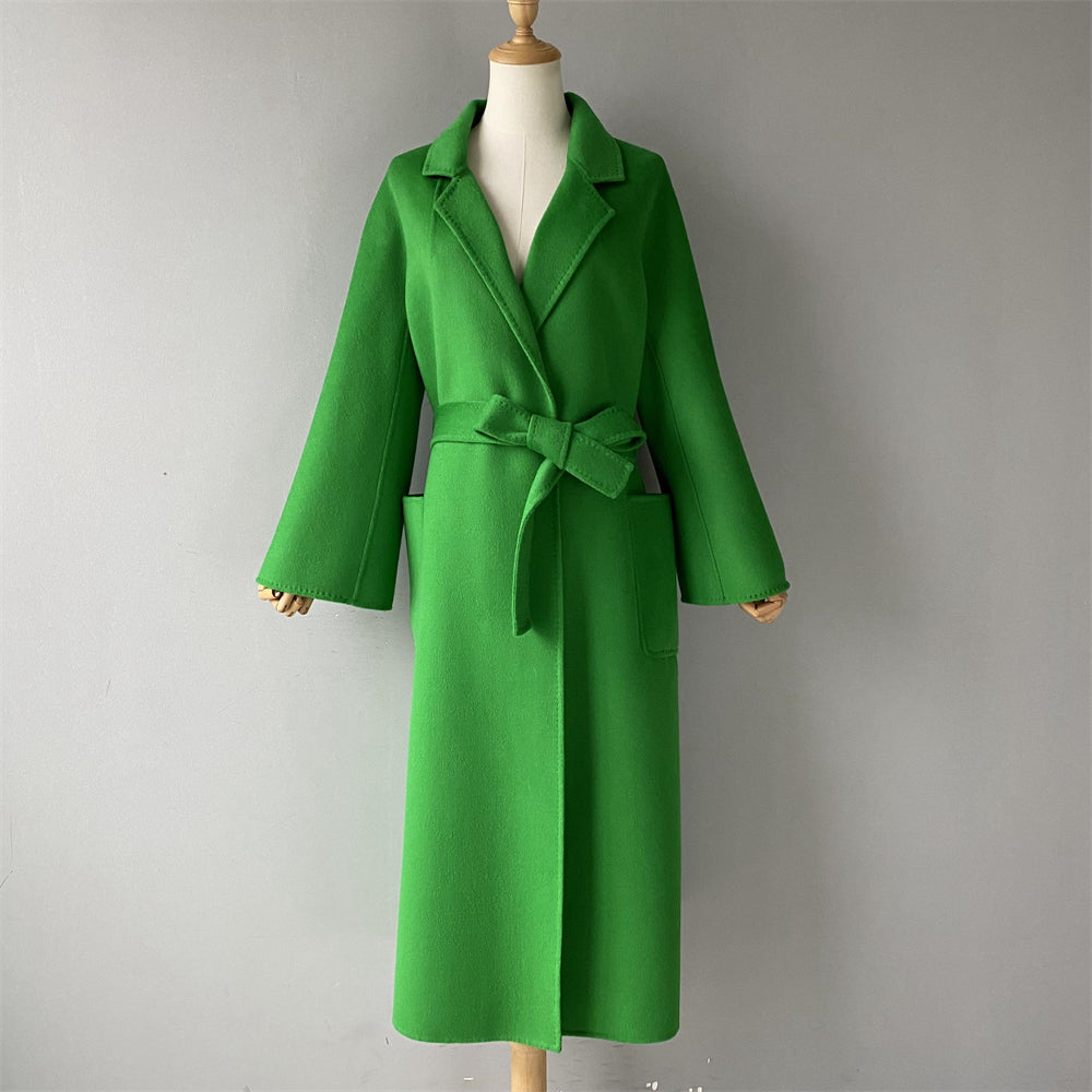 Solid Color Cashmere Coat With Big Side Pocket And Removable Belt