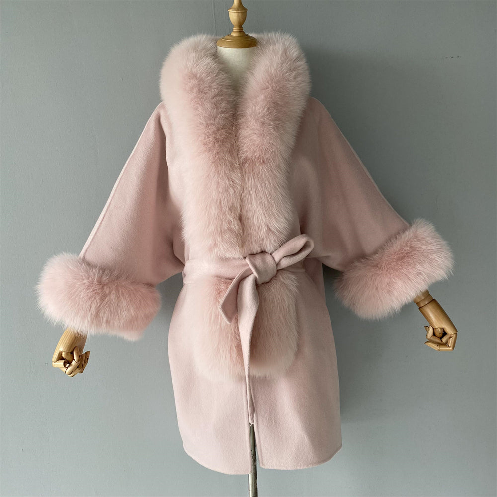 Wholesale Winter Double-sided Hooded Cashmere Coat With Real Fox Fur Collar And Belt Design Fashion Women Real Fox Fur Coat Wool