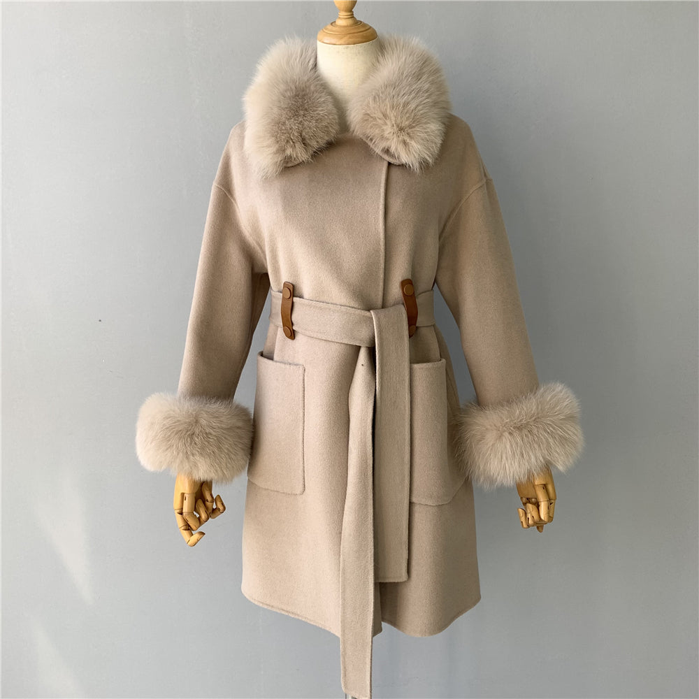 Jaxmonoy High-end Cashmere Coat With Big Real Fur Collar And Cuffs