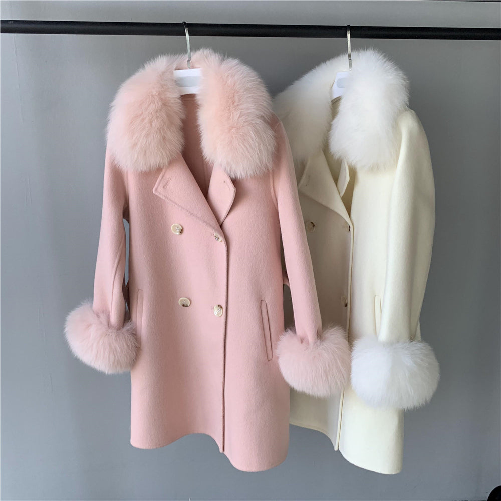 Jaxmonoy Real Fur Cashmere With Comfortable Fur Collar And Cuffs