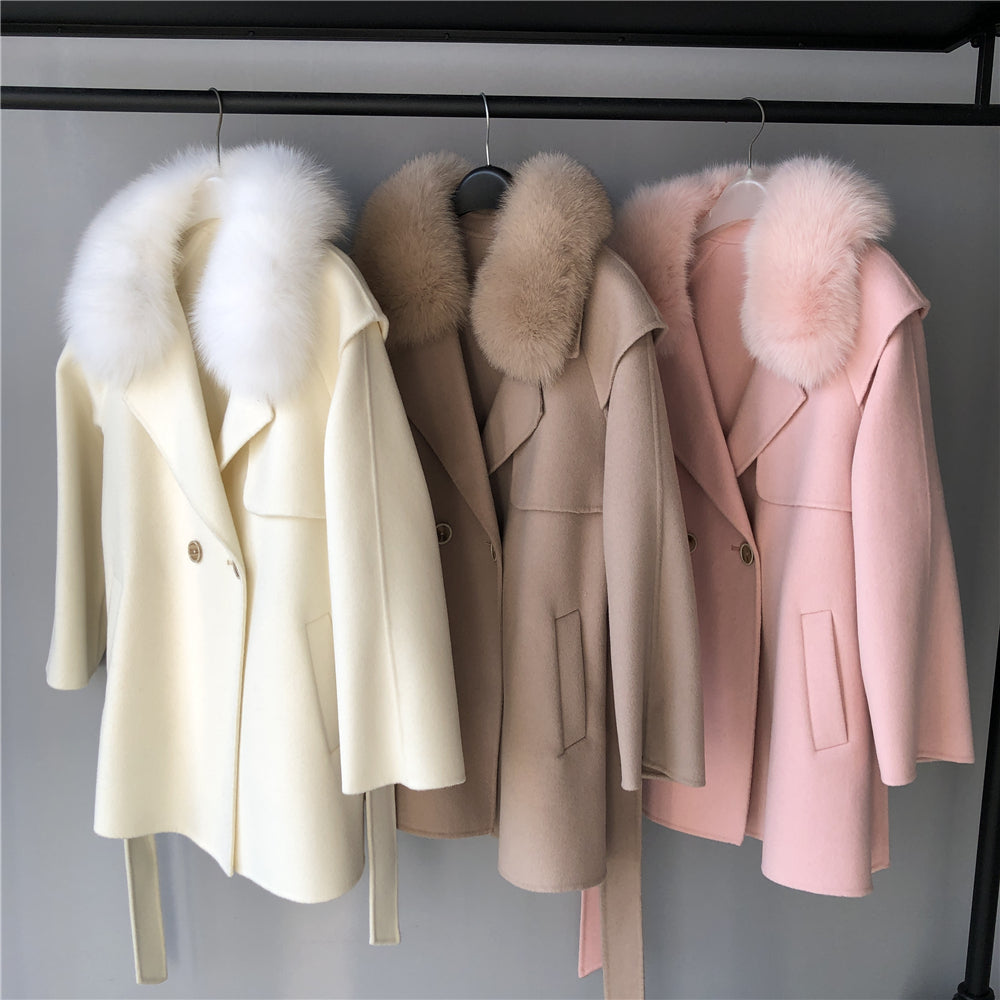 Jaxmonoy Cashmere Wool Coat Big Real Fur Collar