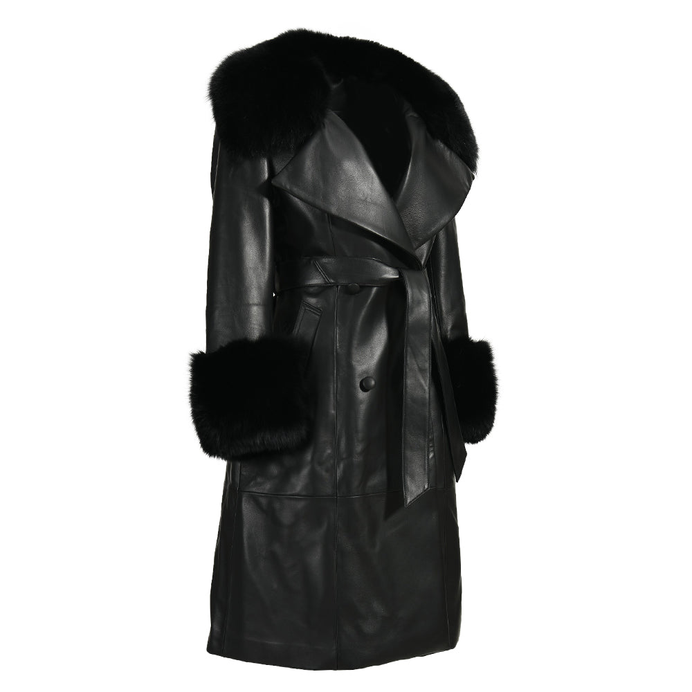 Winter Thick Warm Leather Trench Coat With Real Fox Fur Collar And Cuffs Fashion Long Genuine Leather Coat For Women