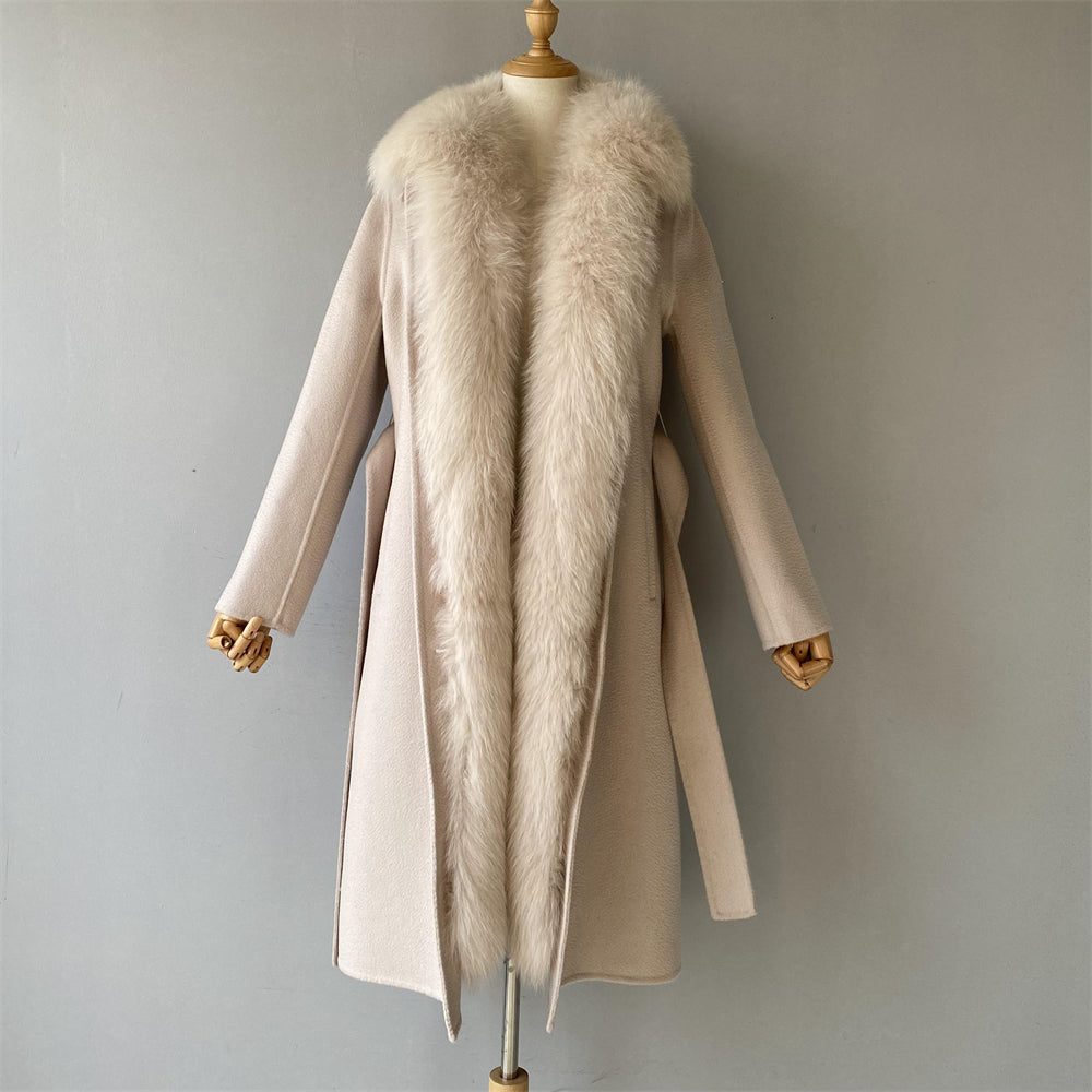 Double Breasted Long Style Breathable Wool Coat With Real Fur Collar