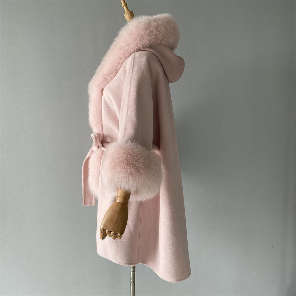Wholesale Winter Double-sided Hooded Cashmere Coat With Real Fox Fur Collar And Belt Design Fashion Women Real Fox Fur Coat Wool