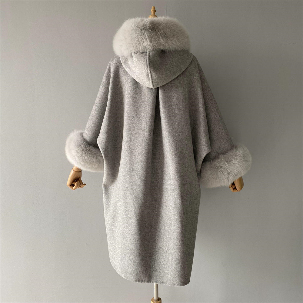 Wholesale Winter Double-sided Hooded Cashmere Coat With Real Fox Fur Collar And Belt Design Fashion Women Real Fox Fur Coat Wool