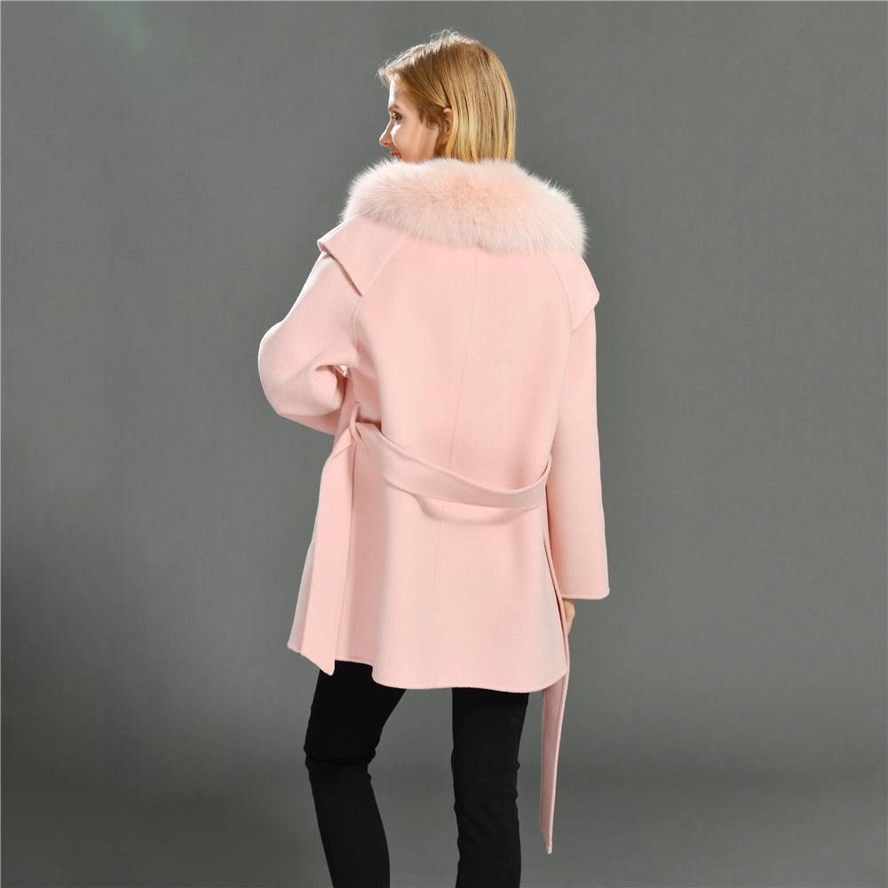 Jaxmonoy Cashmere Wool Coat Big Real Fur Collar