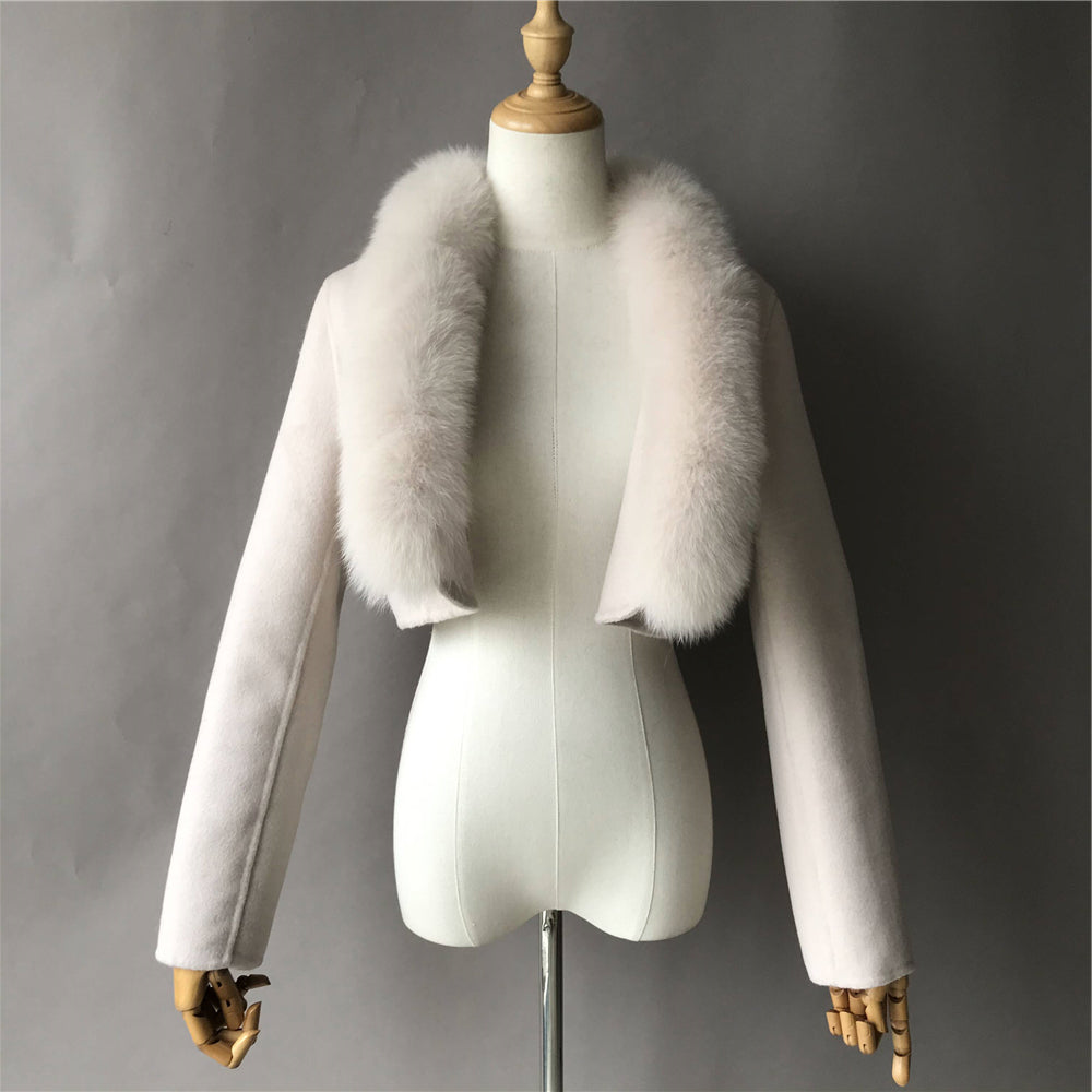 Jaxmonoy Fashionable Ladies Super Short Style Cashmere Coat With Genuine Fox Fur Collar