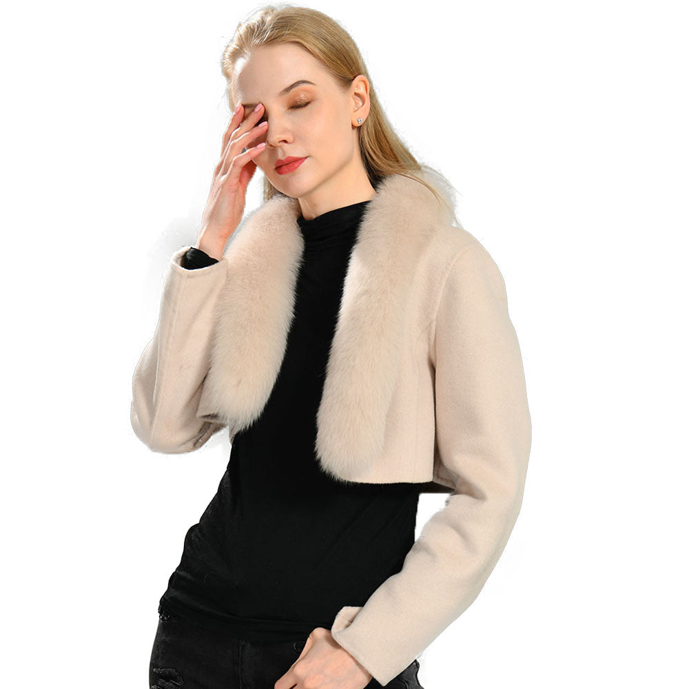 Jaxmonoy Fashionable Ladies Super Short Style Cashmere Coat With Genuine Fox Fur Collar