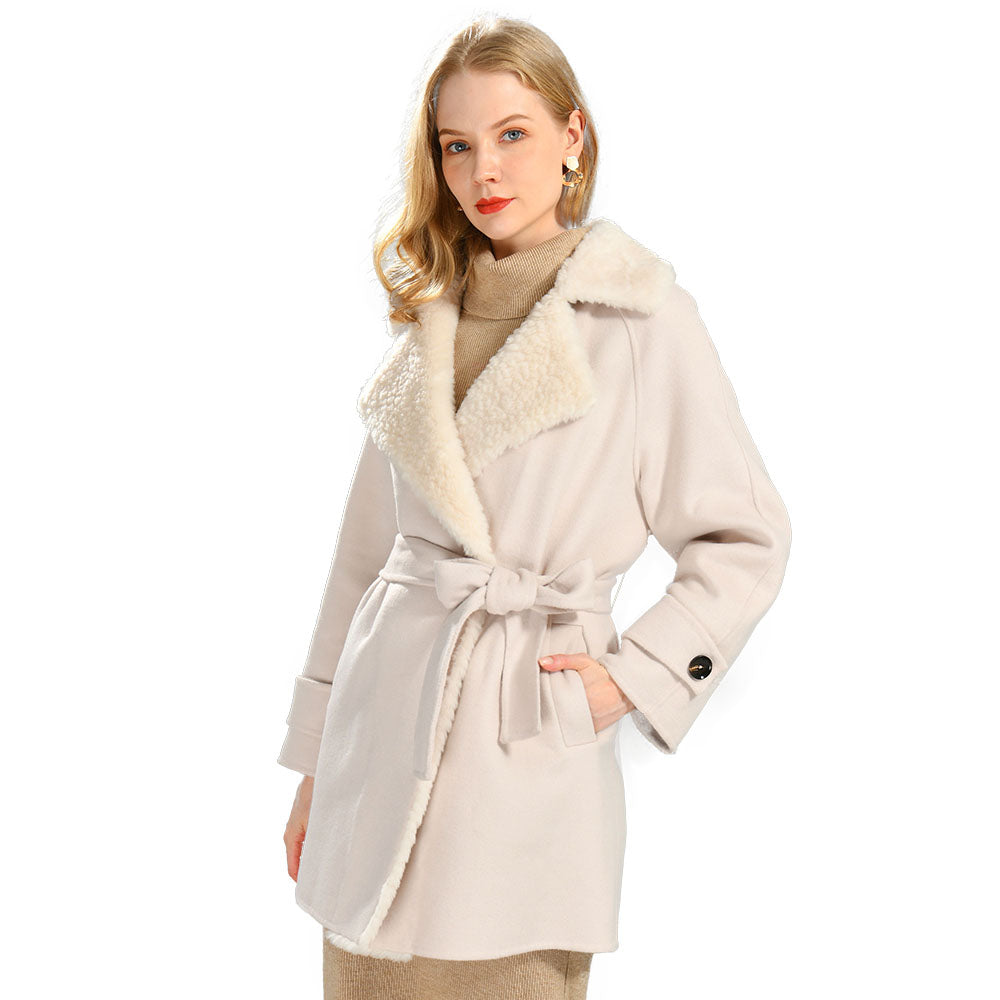 Jaxmonoy Fashion Office Ladies Mid-length Style Cashmere Coat With Sheep Fleece
