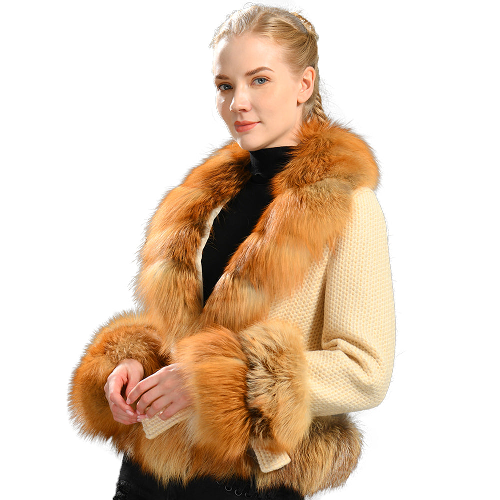 Jaxmonoy Winter Warm Short Style Cashmere Coat With Real Big Fox Fur Collar