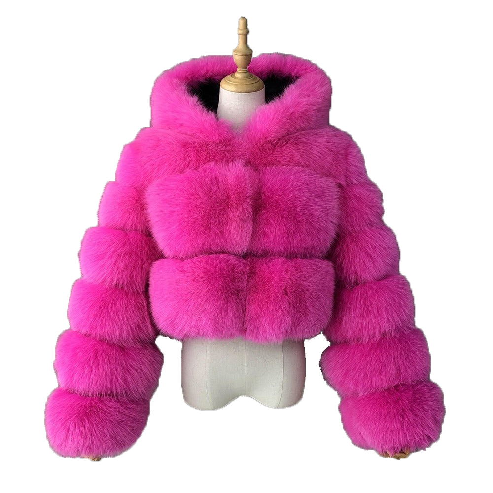 Jaxmonoy Natural 100% Real Raccoon Fur Coats Big Strips With Hood Short Style