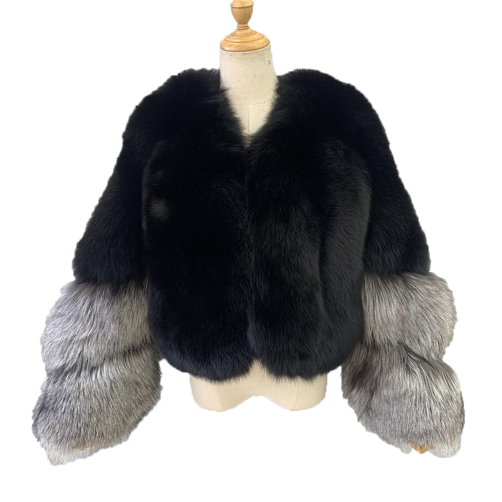 Jaxmonoy Ladies Real Fox Fur With Silver Fox Fur Coat Warm Real Fur Coat