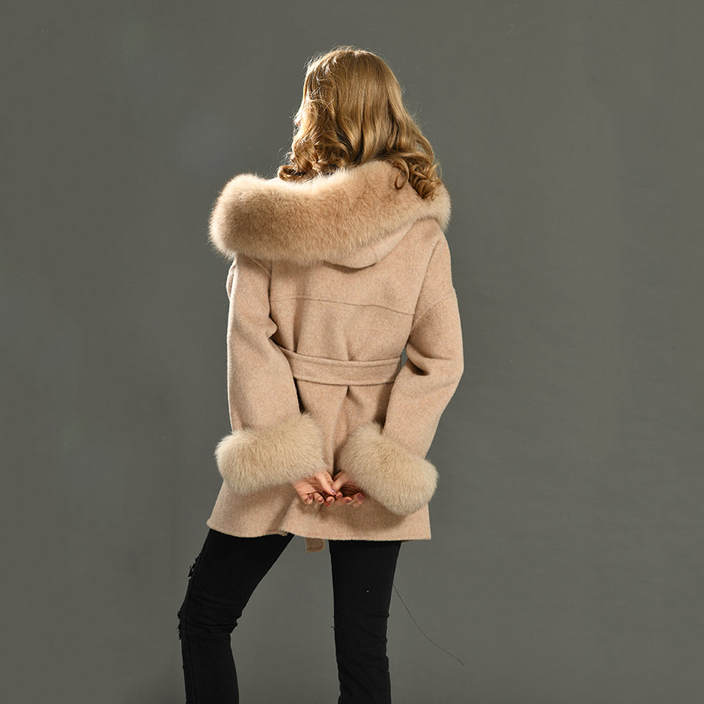 Jaxmonoy Ladies Cashmere Wool Coat Real Fox Fur Collar And Cuffs