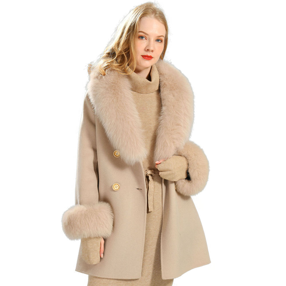 Jaxmonoy Elegant Women Regular Style Cashmere Coat With Real Fox Fur Collar And Cuffs
