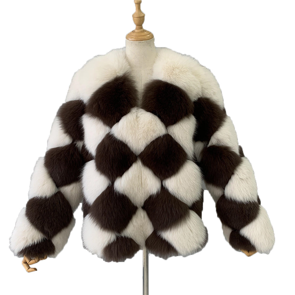 Jaxmonoy Female Two-color Stitching Minimalistic Ladies Real Fox Fur Coat