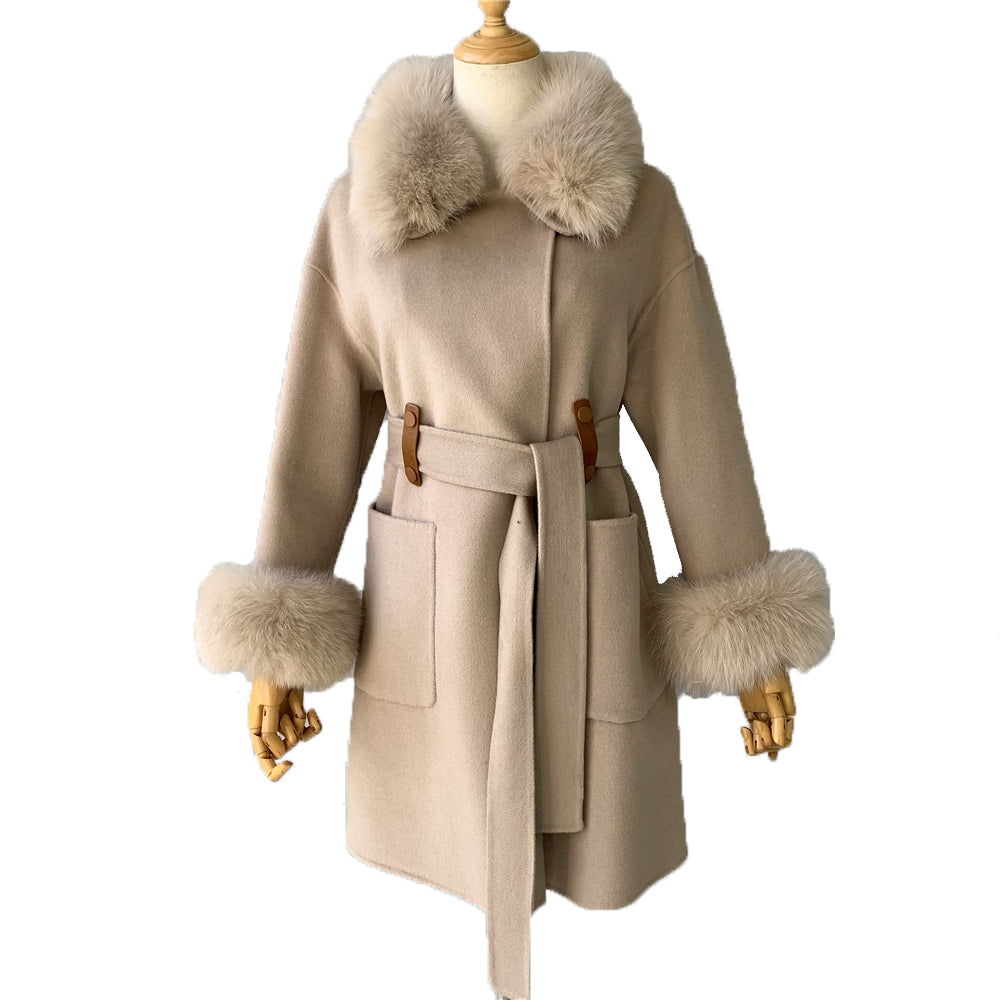 Jaxmonoy High-end Cashmere Coat With Big Real Fur Collar And Cuffs