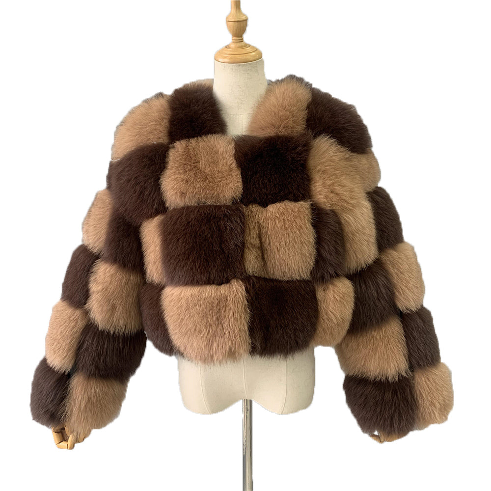 Jaxmonoy Two-color Stitching Classic Style Fashion Warm Winter Real Fox Fur Coat