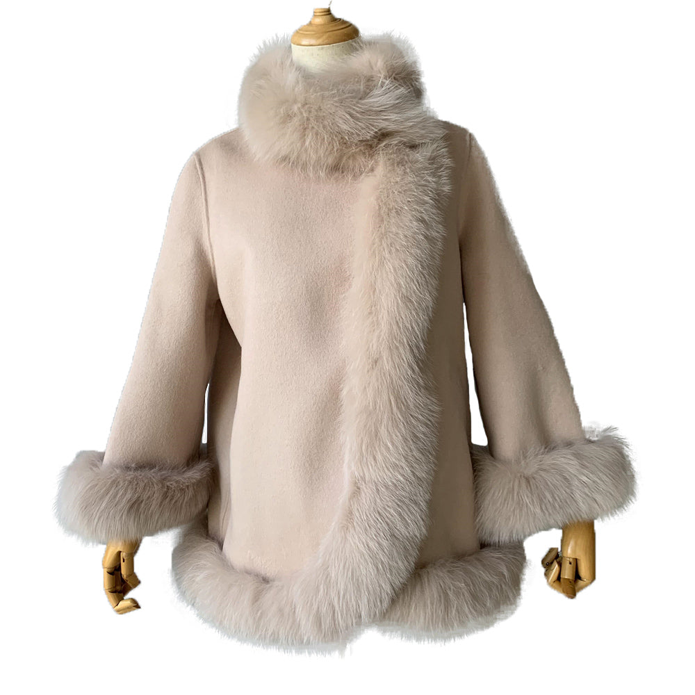 Jaxmonoy Elegant Women Cashmere Coat With Real Fur Collar Luxury Cloak
