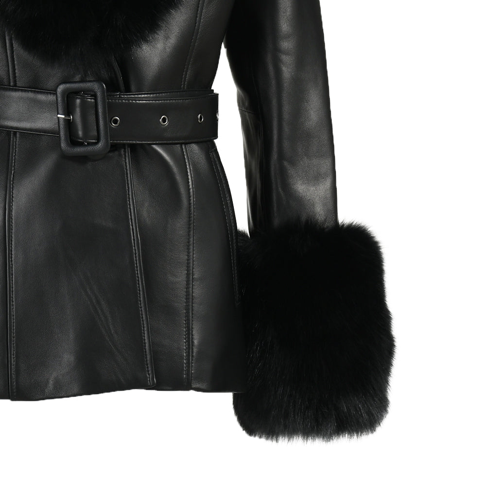 Regular Length Genuine Sheepskin Leather Coat With Real Fox Fur Collar And Cuffs Winter Women Leather Jacket Genuine