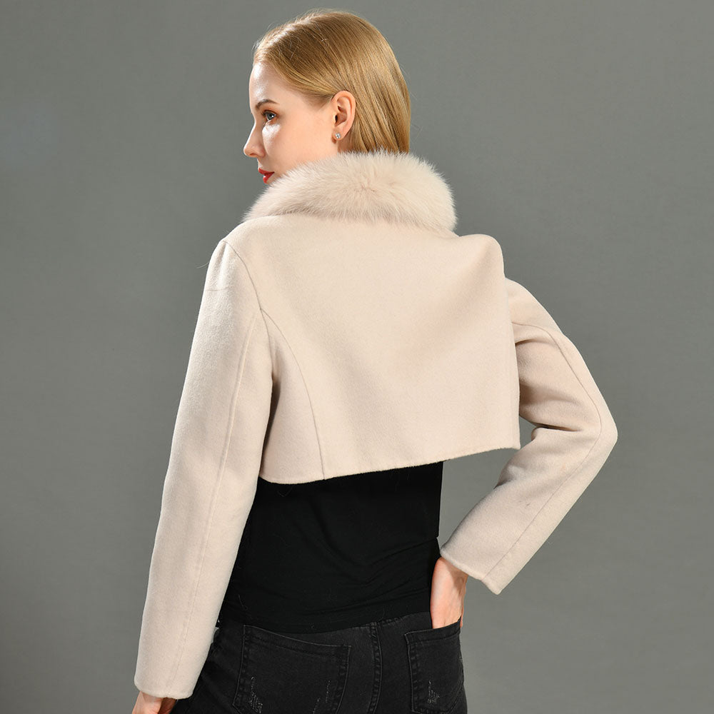 Jaxmonoy Fashionable Ladies Super Short Style Cashmere Coat With Genuine Fox Fur Collar