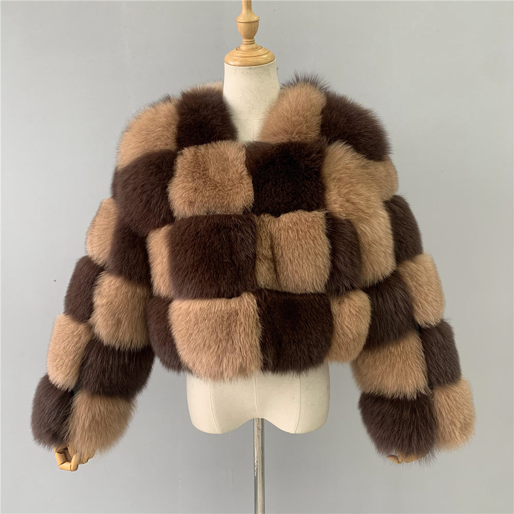 Jaxmonoy Two-color Stitching Classic Style Fashion Warm Winter Real Fox Fur Coat