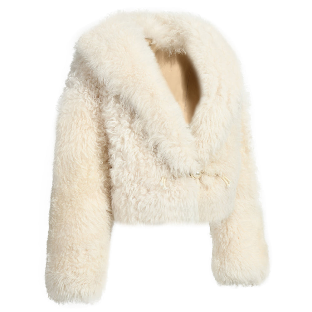 Winter Warm Thick Genuine Sheep Fur Coat Luxury Big Collar Women Cropped Real Sheep Fur Coat