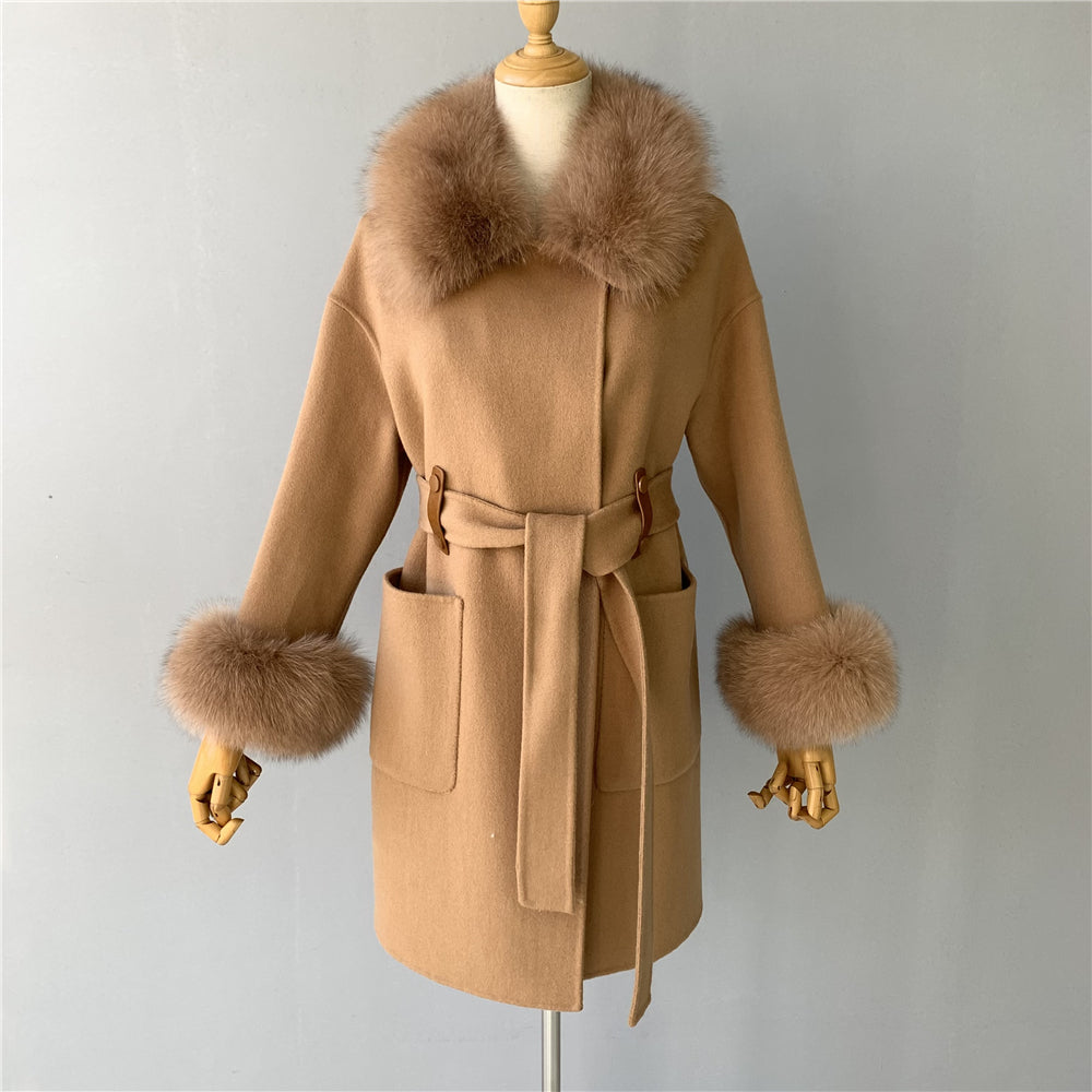 Jaxmonoy High-end Cashmere Coat With Big Real Fur Collar And Cuffs